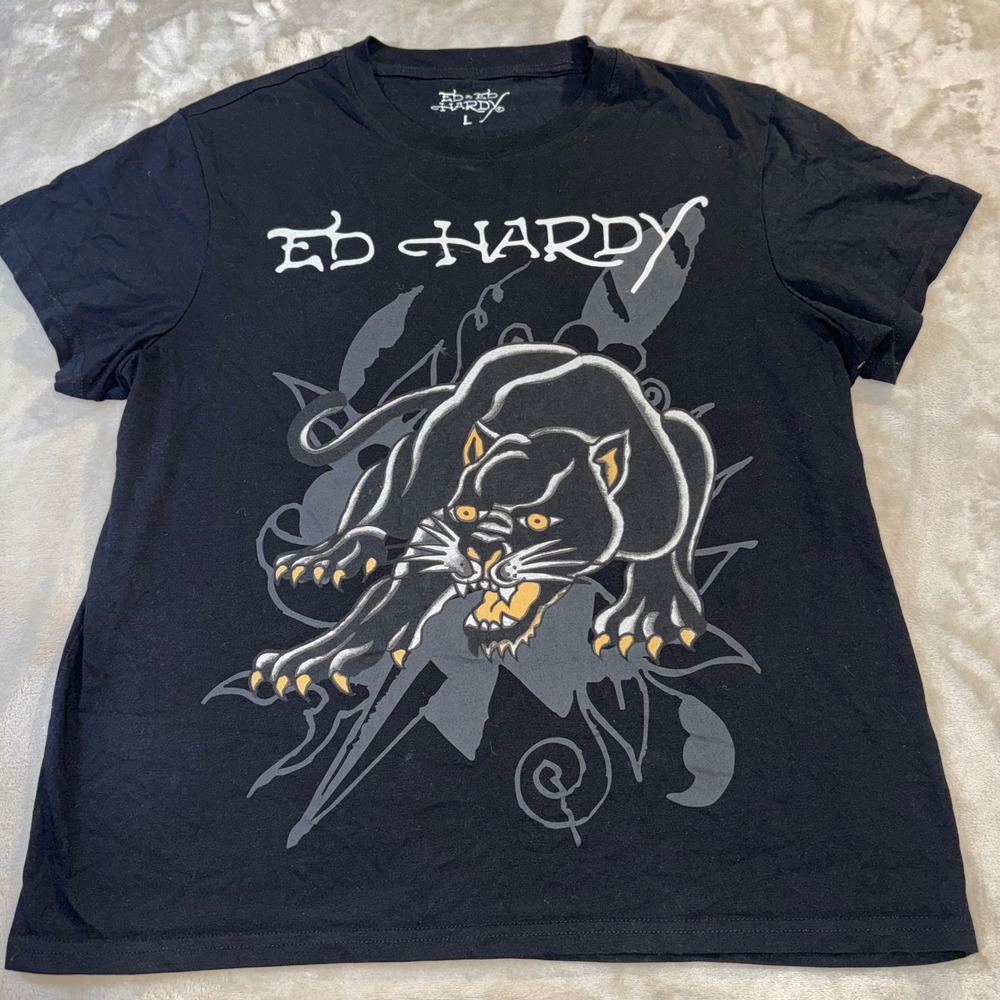 Ed Hardy Mens Black Panther Graphic T-Shirt Black EEHM1100-4 L